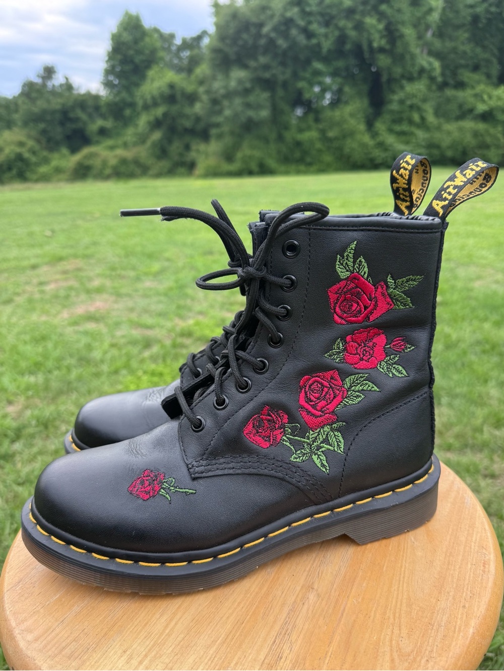 Dr. Martens Vonda Black Leather Lace-Up Boots with Red Rose Embroidery